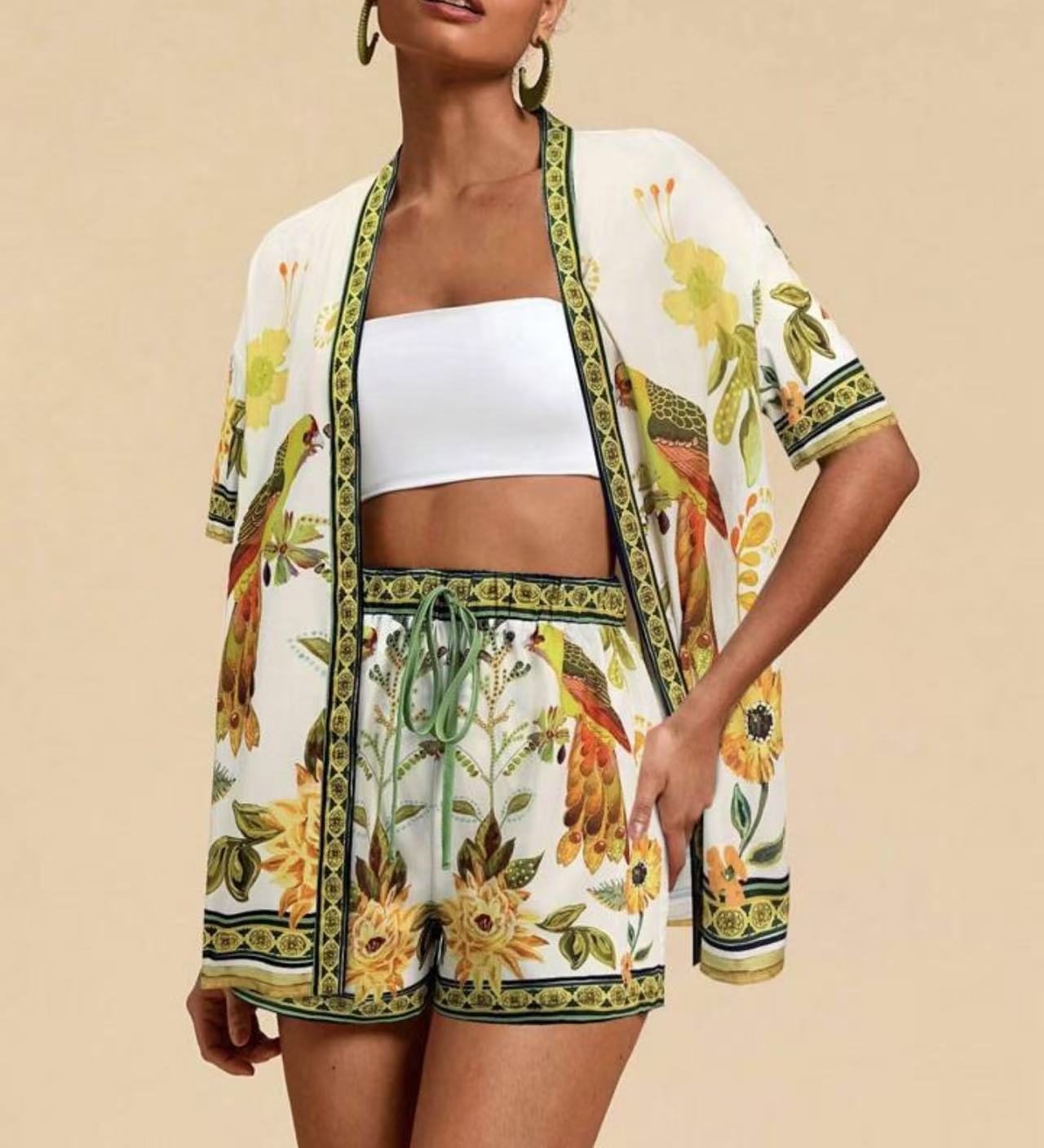 Women's European and American summer fashion casual printed cardigan short sleeved shorts set