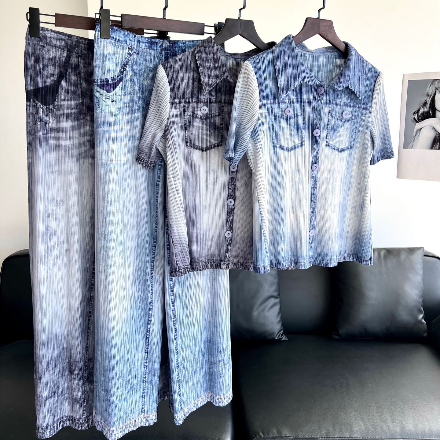 Summer women's fashion temperament slim pleated cardigan comfortable top denim style straight pants two-piece set