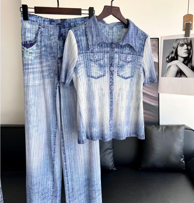 Summer women's fashion temperament slim pleated cardigan comfortable top denim style straight pants two-piece set