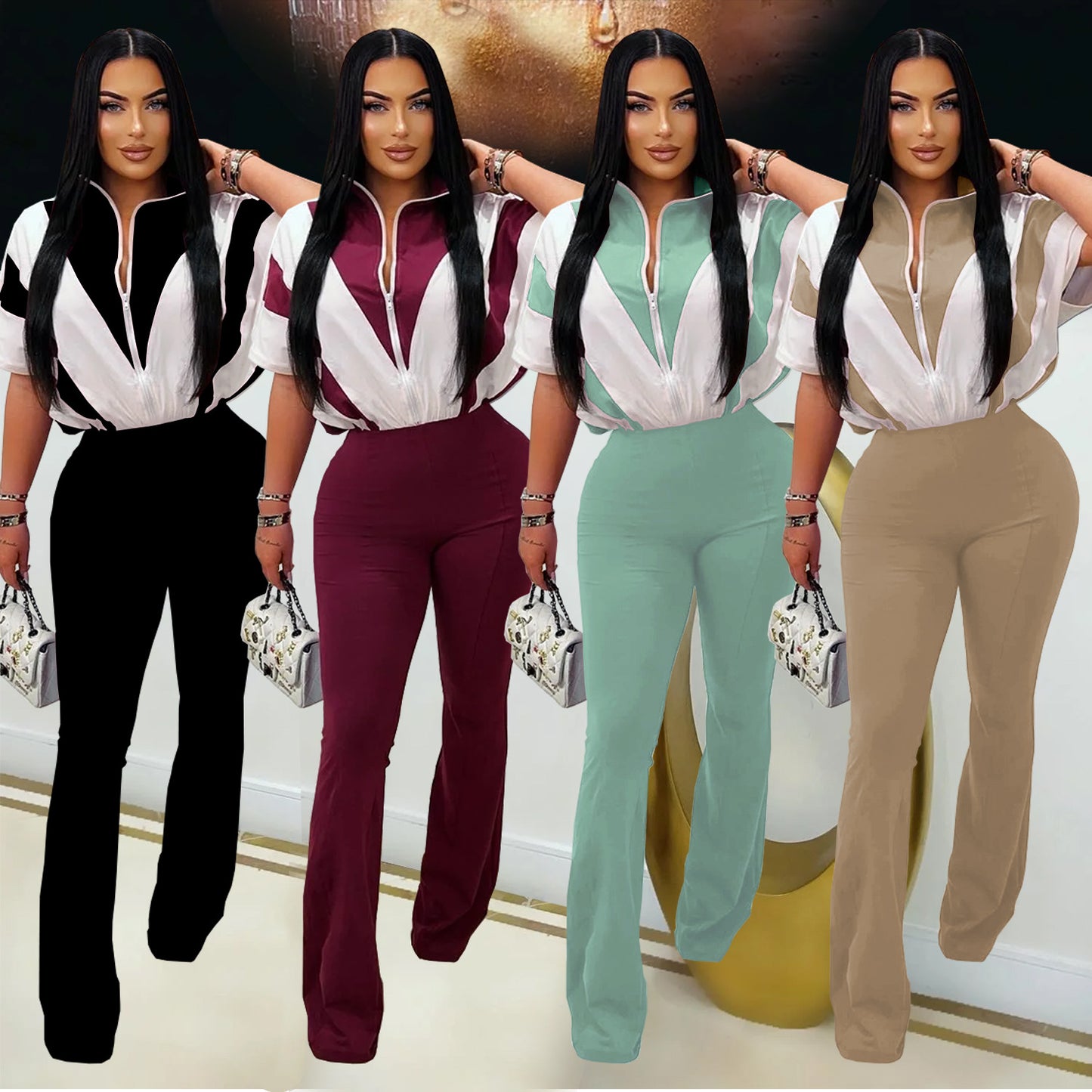 Women's Slim Fit Sporty Short Sleeve and Long Pants Two-Piece Set
