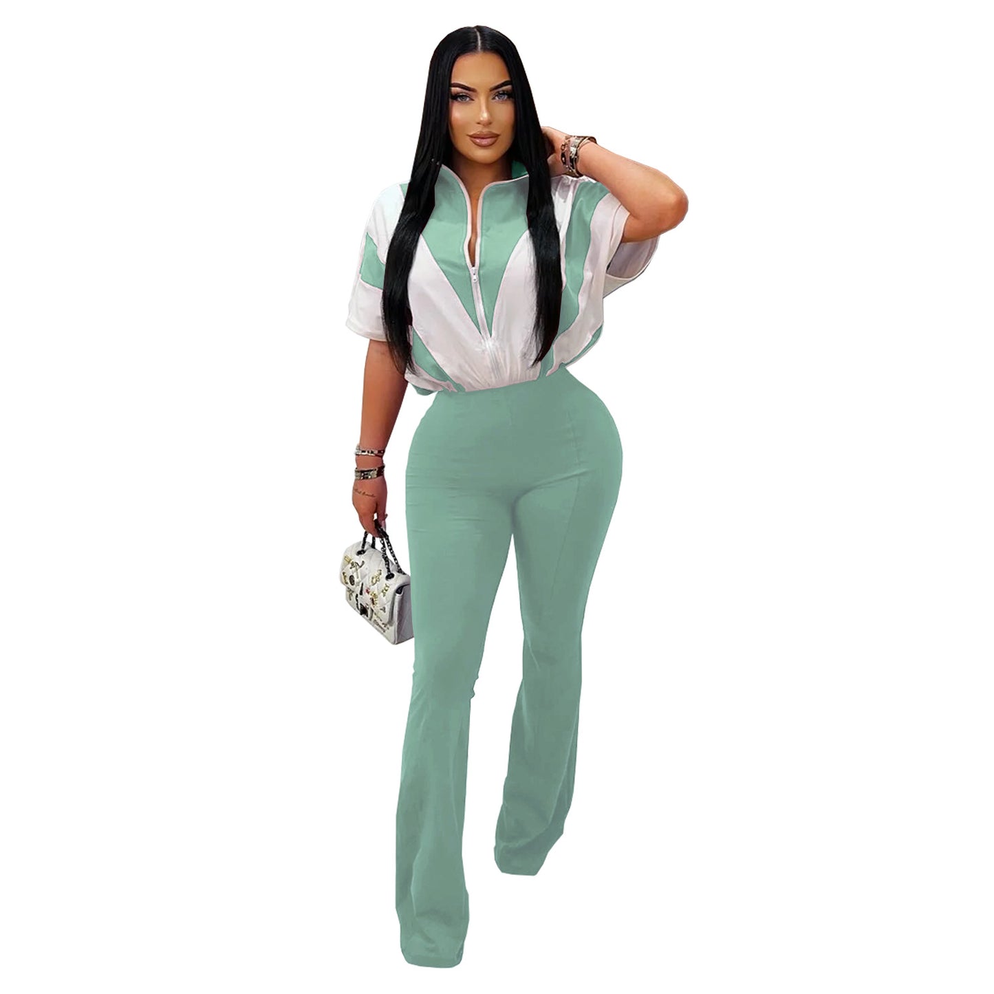 Women's Slim Fit Sporty Short Sleeve and Long Pants Two-Piece Set