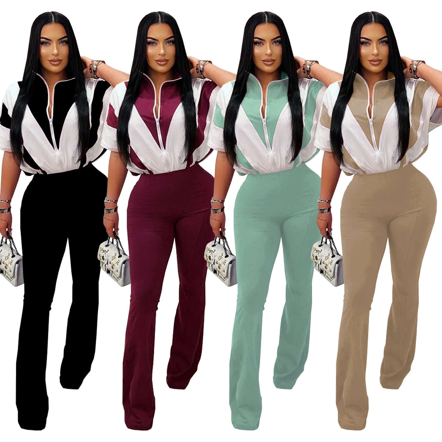 Women's Slim Fit Sporty Short Sleeve and Long Pants Two-Piece Set