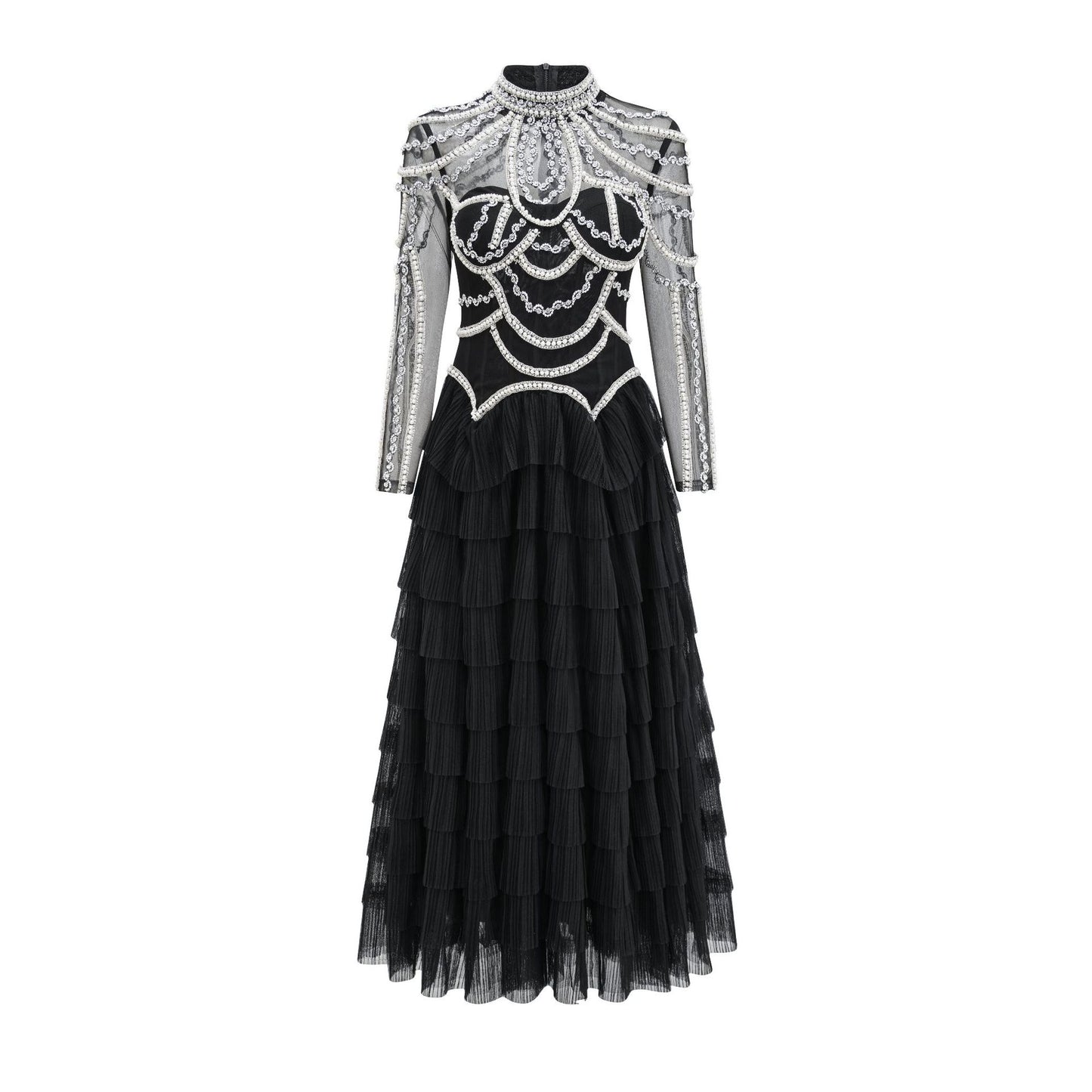 Elegant European and American Style Long Sleeve Beaded Dress Luxury Banquet Evening Gown Long Bridesmaid Dress