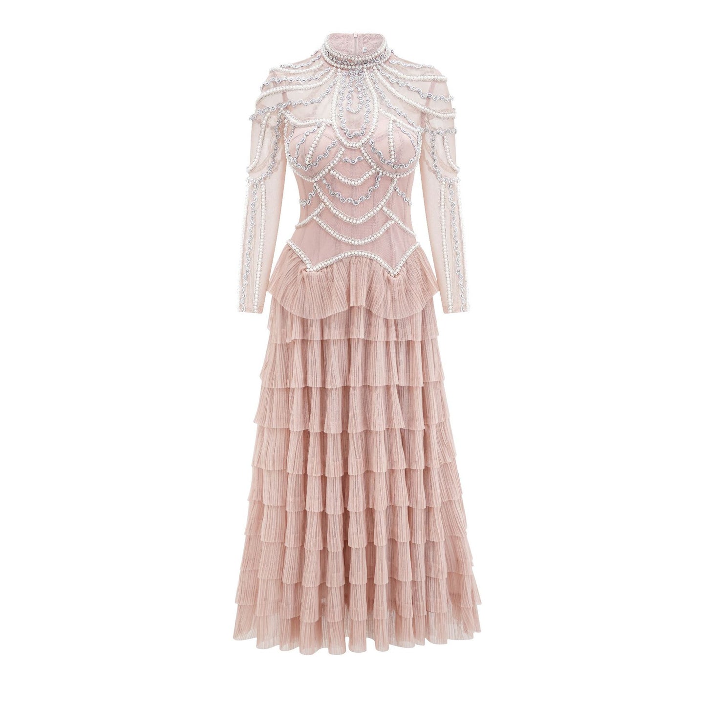 Elegant European and American Style Long Sleeve Beaded Dress Luxury Banquet Evening Gown Long Bridesmaid Dress