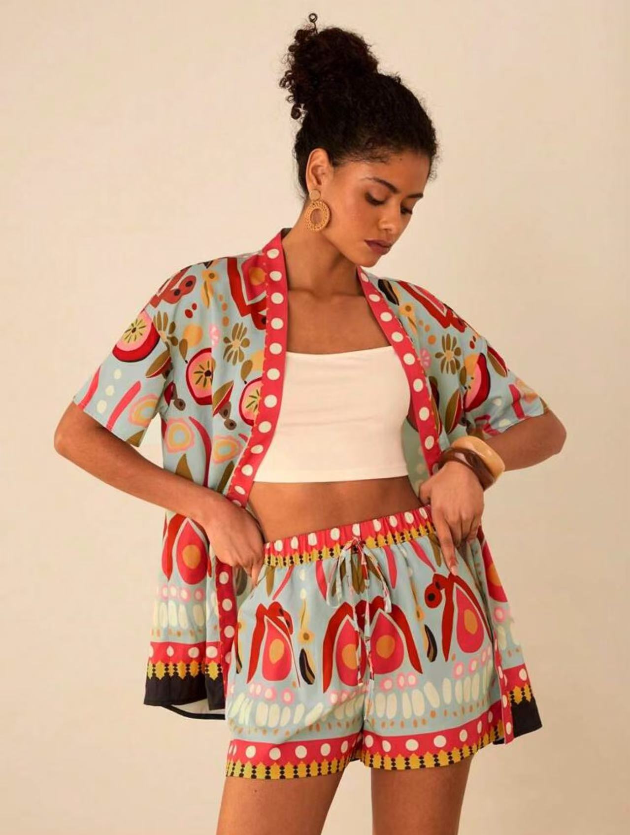Women's European and American summer fashion casual printed cardigan short sleeved shorts set
