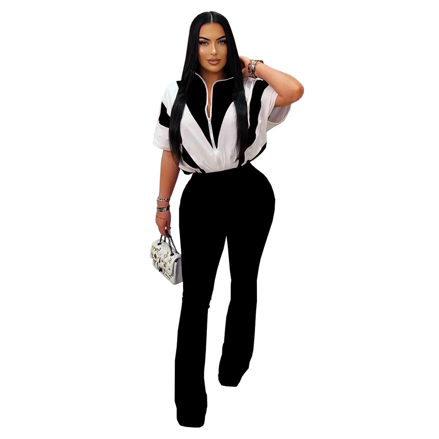 Women's Slim Fit Sporty Short Sleeve and Long Pants Two-Piece Set