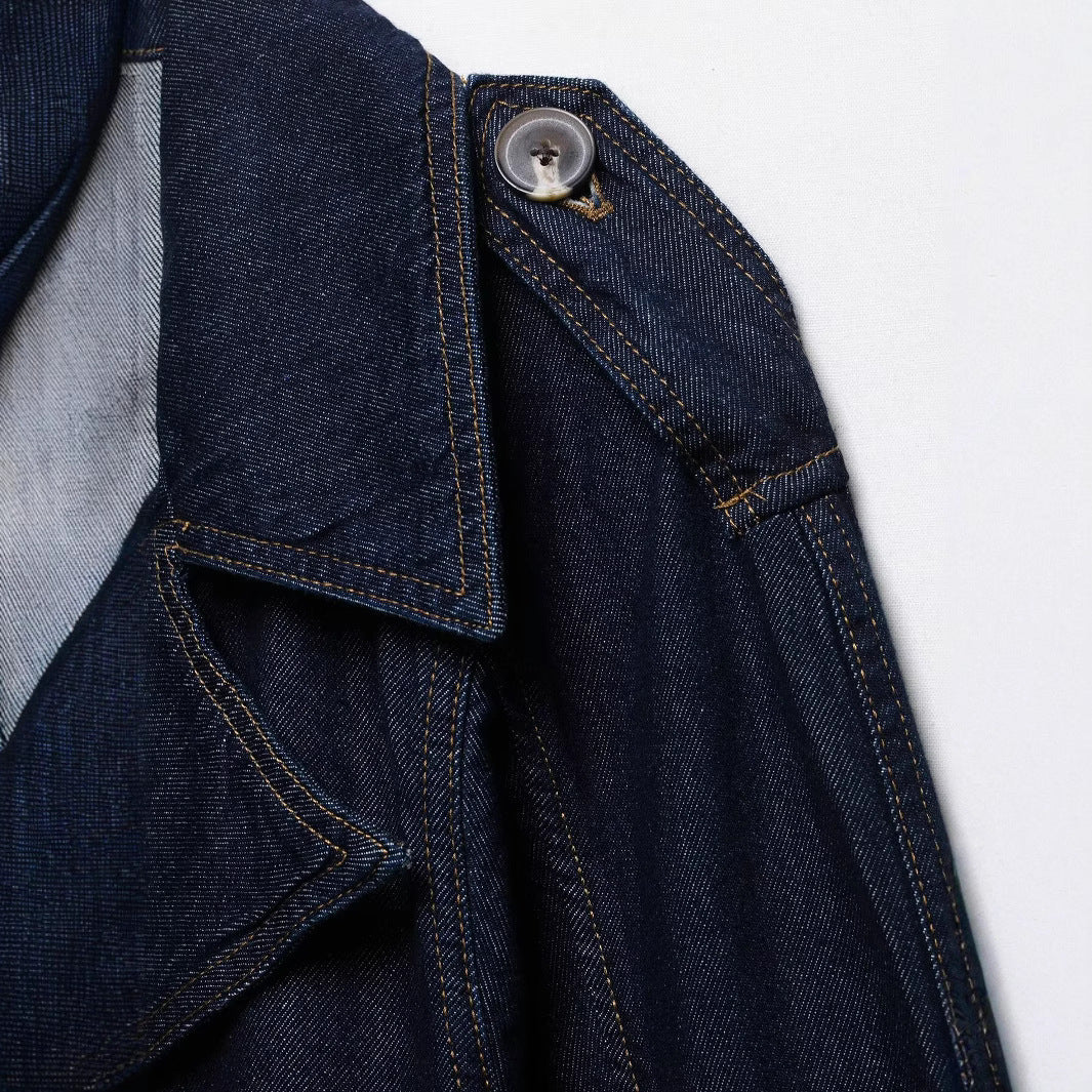 Collar long sleeved drawstring denim trench coat for women