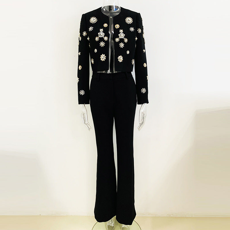 European and American fashion round neck heavy industry nail bead short jacket jacket, split flared pants set