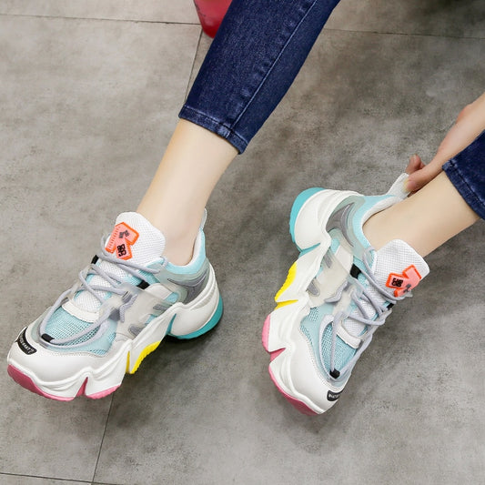 2020 Hot Summer Women Sneakers Vulcanize Breathable Rainbow Color Fashion Casuals Height Increasing Female Chunky Ladies Shoe