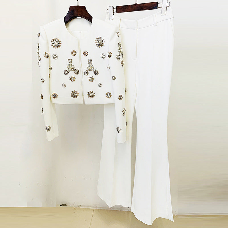European and American fashion round neck heavy industry nail bead short jacket jacket, split flared pants set