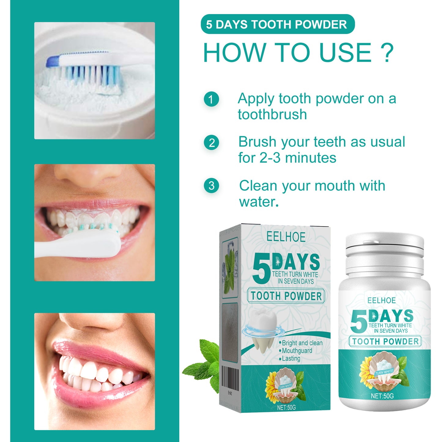 5 Day Whitening Tooth Powder, Clean Teeth Remove Dirt Plaque Fresh Mouth Clean Teeth Powder