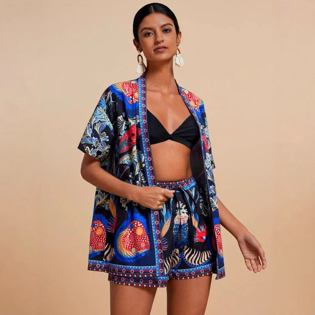 Women's European and American summer fashion casual printed cardigan short sleeved shorts set