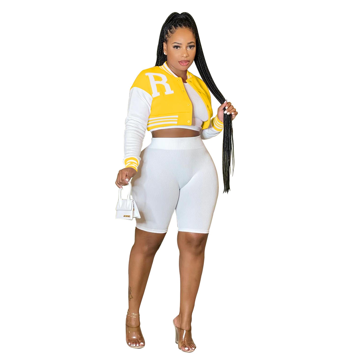Women's Long Sleeve Crop Top Jacket with Lining Shorts Three-Piece Set