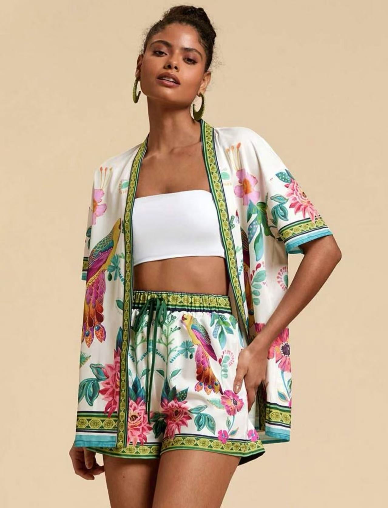 Women's European and American summer fashion casual printed cardigan short sleeved shorts set
