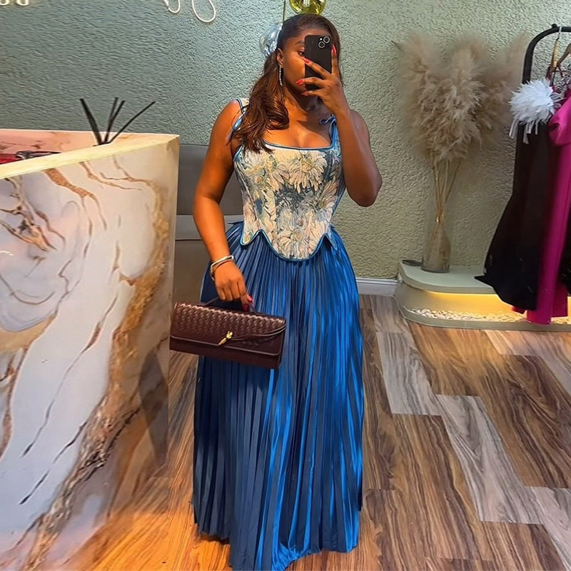 Women's Waist-Cinching Tank Top and High-Waisted Pleated Skirt Two-Piece Set