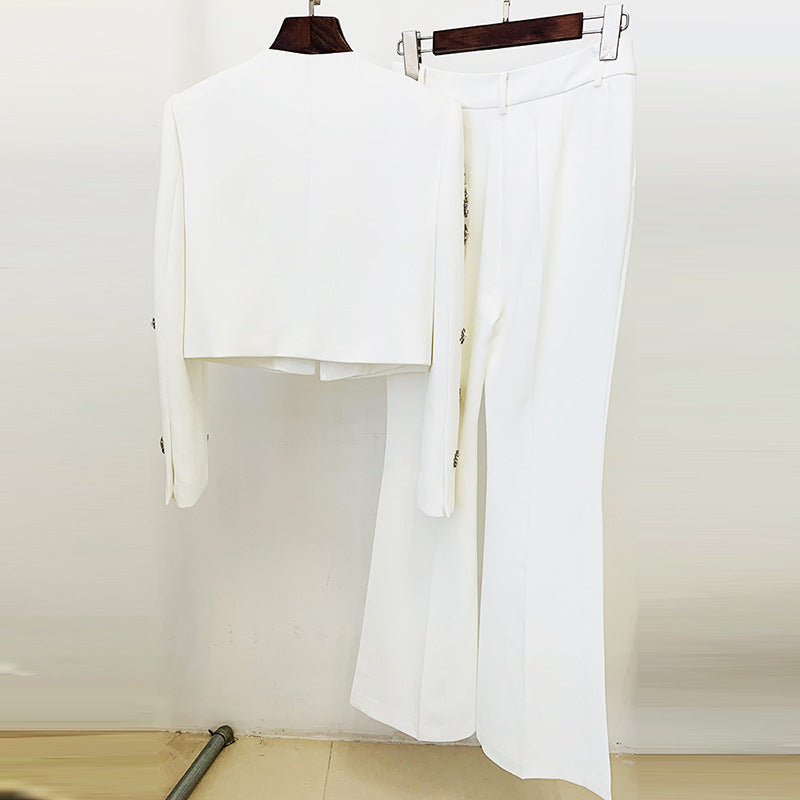 European and American fashion round neck heavy industry nail bead short jacket jacket, split flared pants set