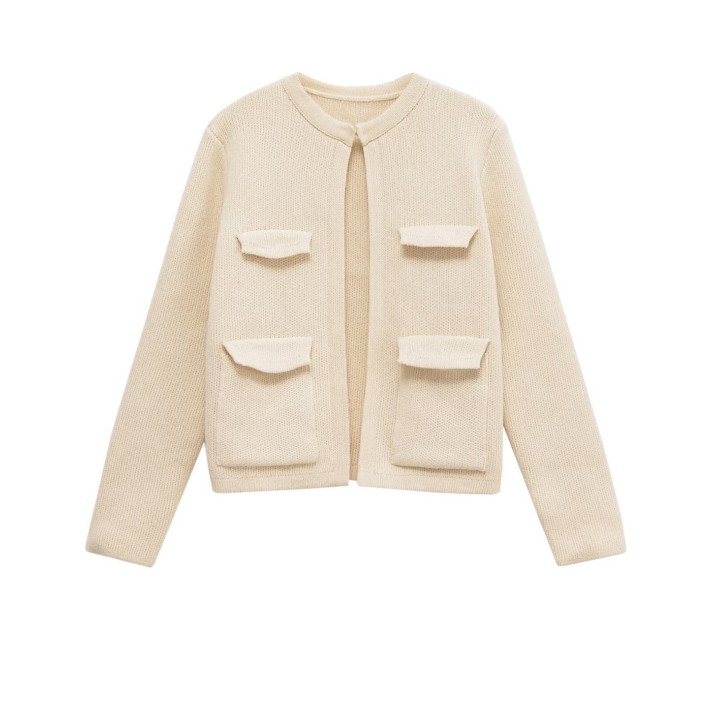 Women's European and American style pocket decoration round neck long sleeved jacket