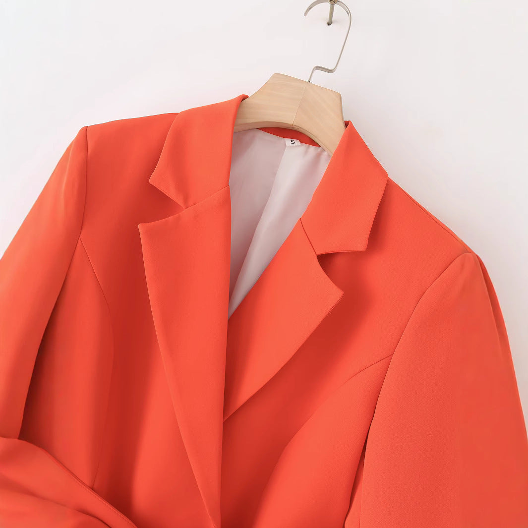 Collar long sleeved waist cinching tie up suit jacket for women