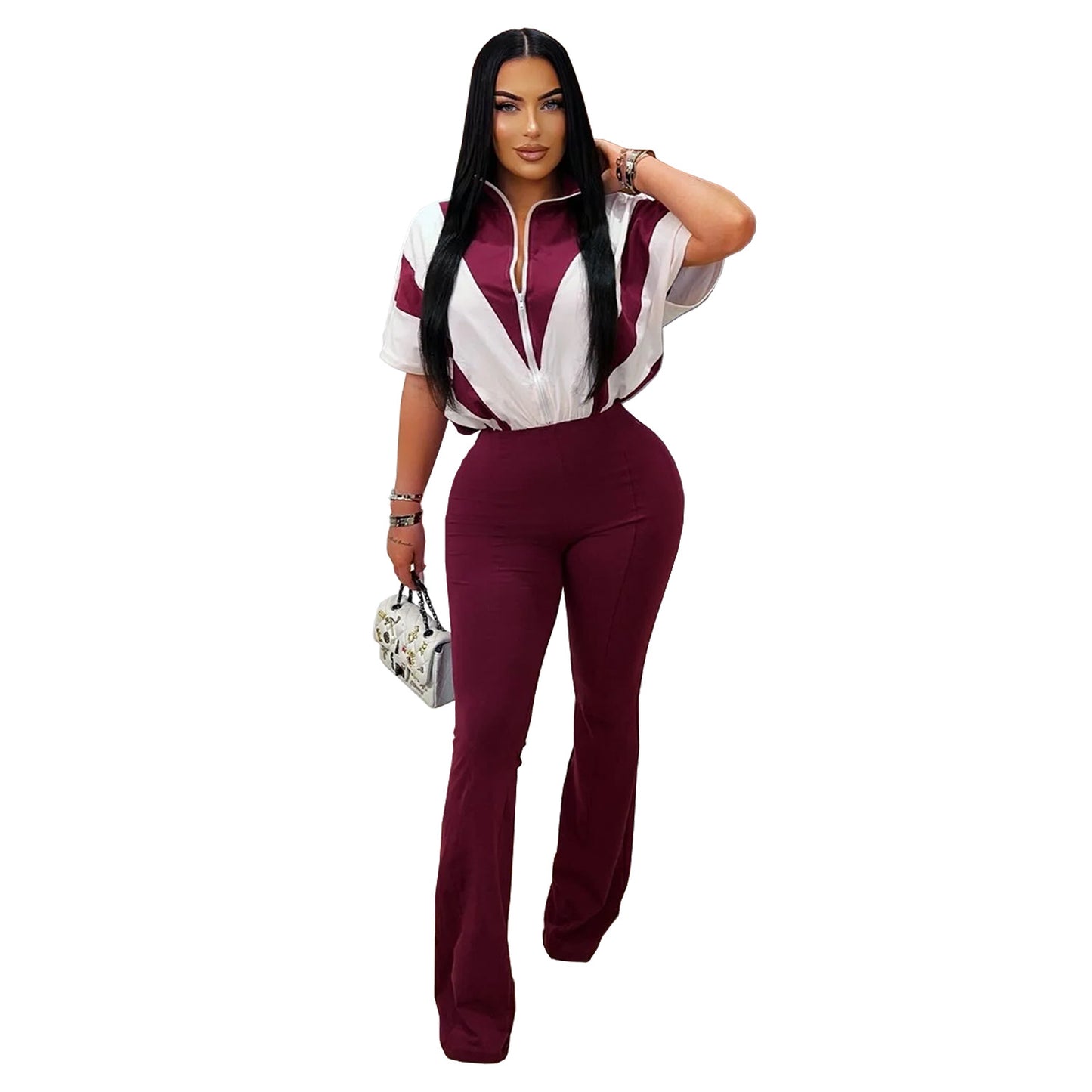 Women's Slim Fit Sporty Short Sleeve and Long Pants Two-Piece Set