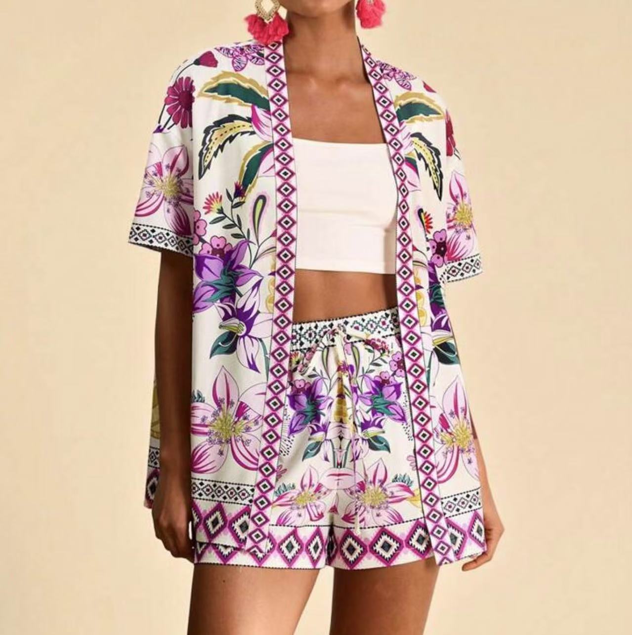 Women's European and American summer fashion casual printed cardigan short sleeved shorts set
