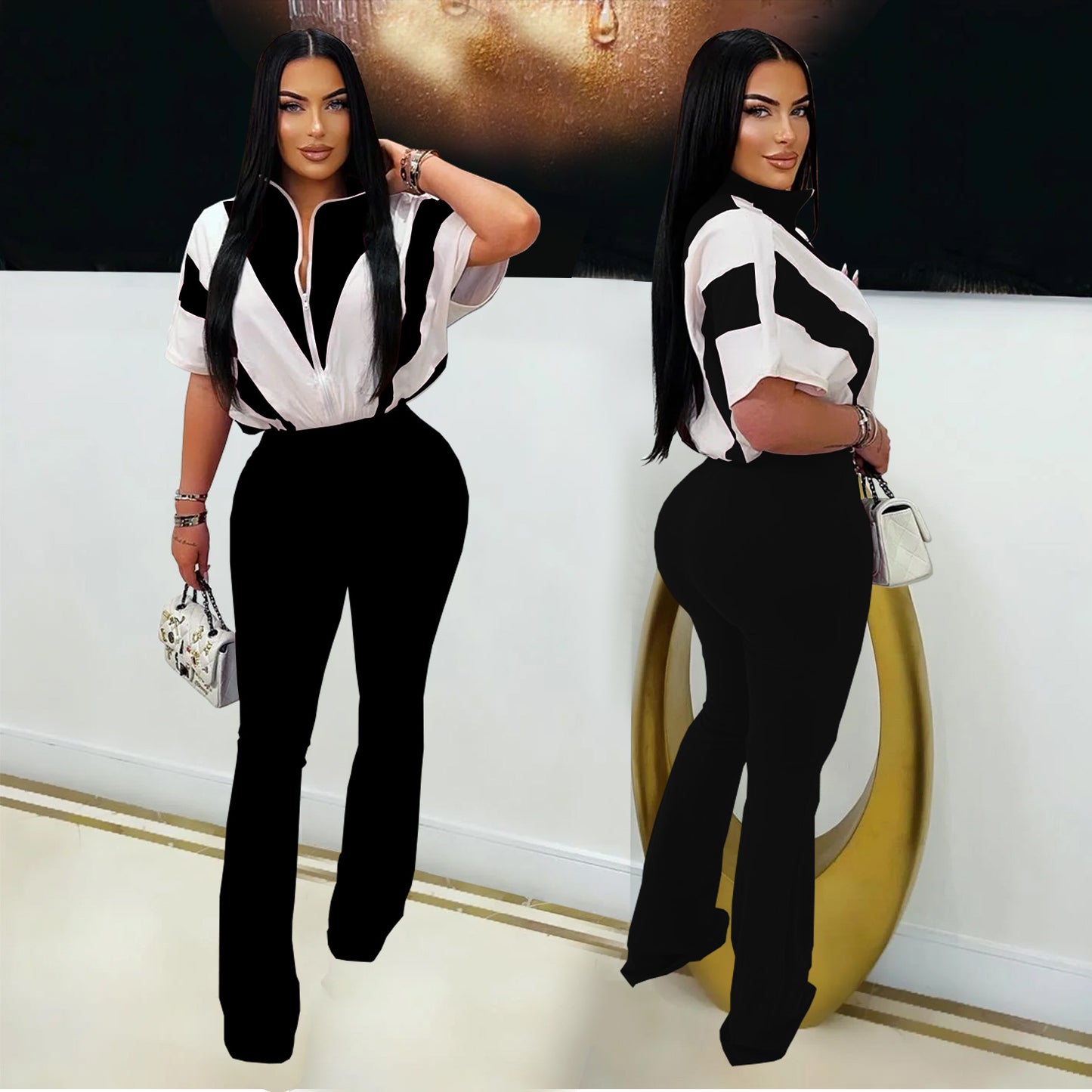 Women's Slim Fit Sporty Short Sleeve and Long Pants Two-Piece Set