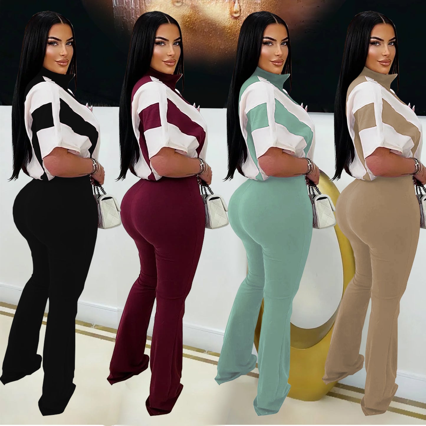 Women's Slim Fit Sporty Short Sleeve and Long Pants Two-Piece Set