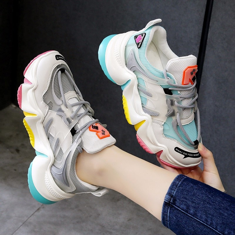 2020 Hot Summer Women Sneakers Vulcanize Breathable Rainbow Color Fashion Casuals Height Increasing Female Chunky Ladies Shoe