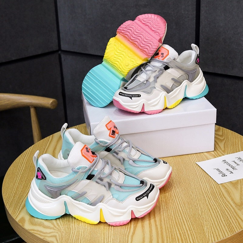 2020 Hot Summer Women Sneakers Vulcanize Breathable Rainbow Color Fashion Casuals Height Increasing Female Chunky Ladies Shoe