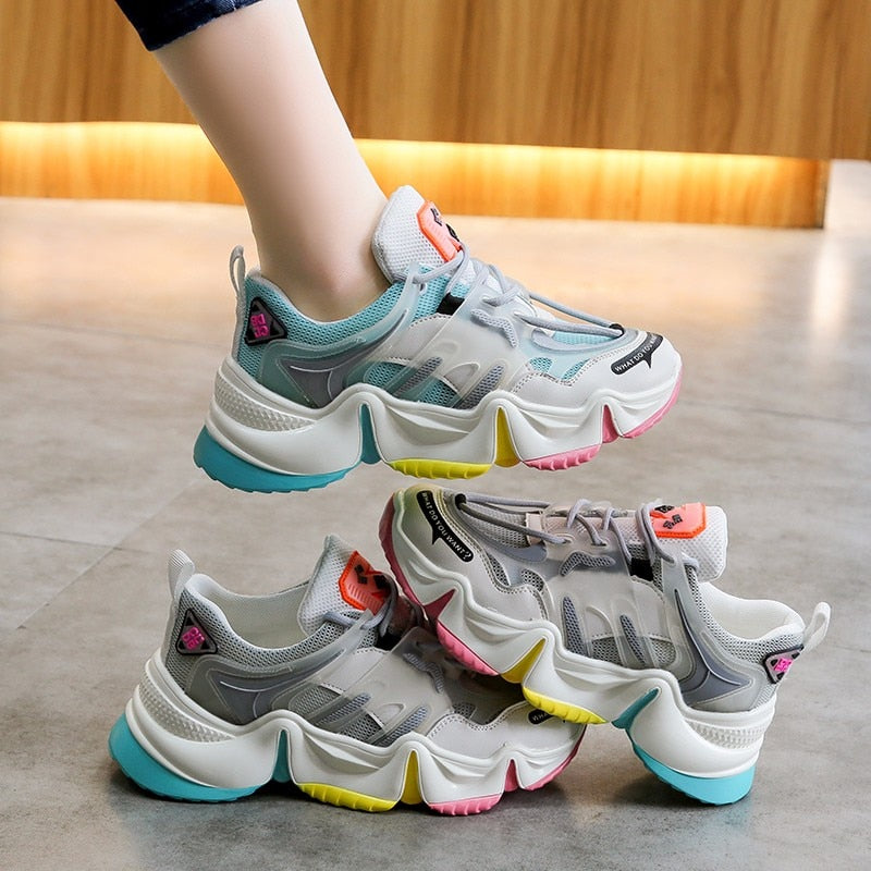 2020 Hot Summer Women Sneakers Vulcanize Breathable Rainbow Color Fashion Casuals Height Increasing Female Chunky Ladies Shoe