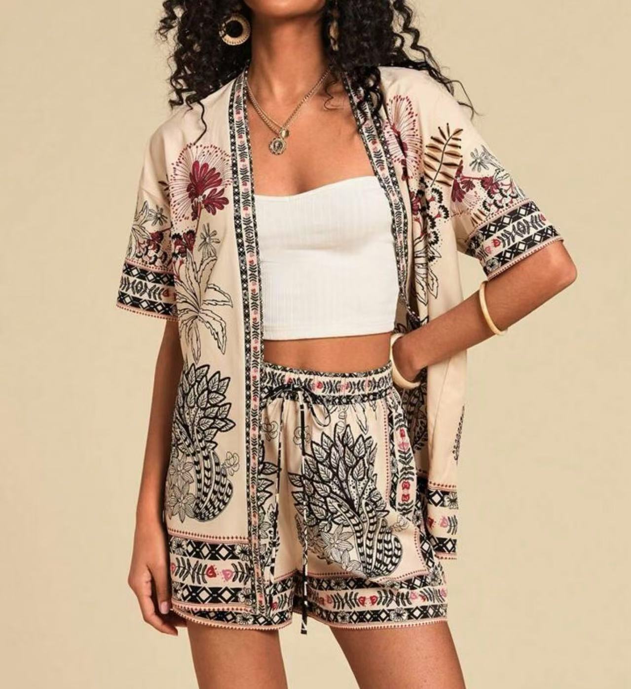 Women's European and American summer fashion casual printed cardigan short sleeved shorts set