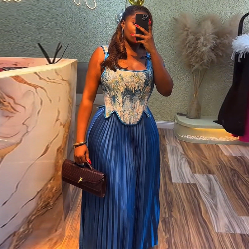Women's Waist-Cinching Tank Top and High-Waisted Pleated Skirt Two-Piece Set