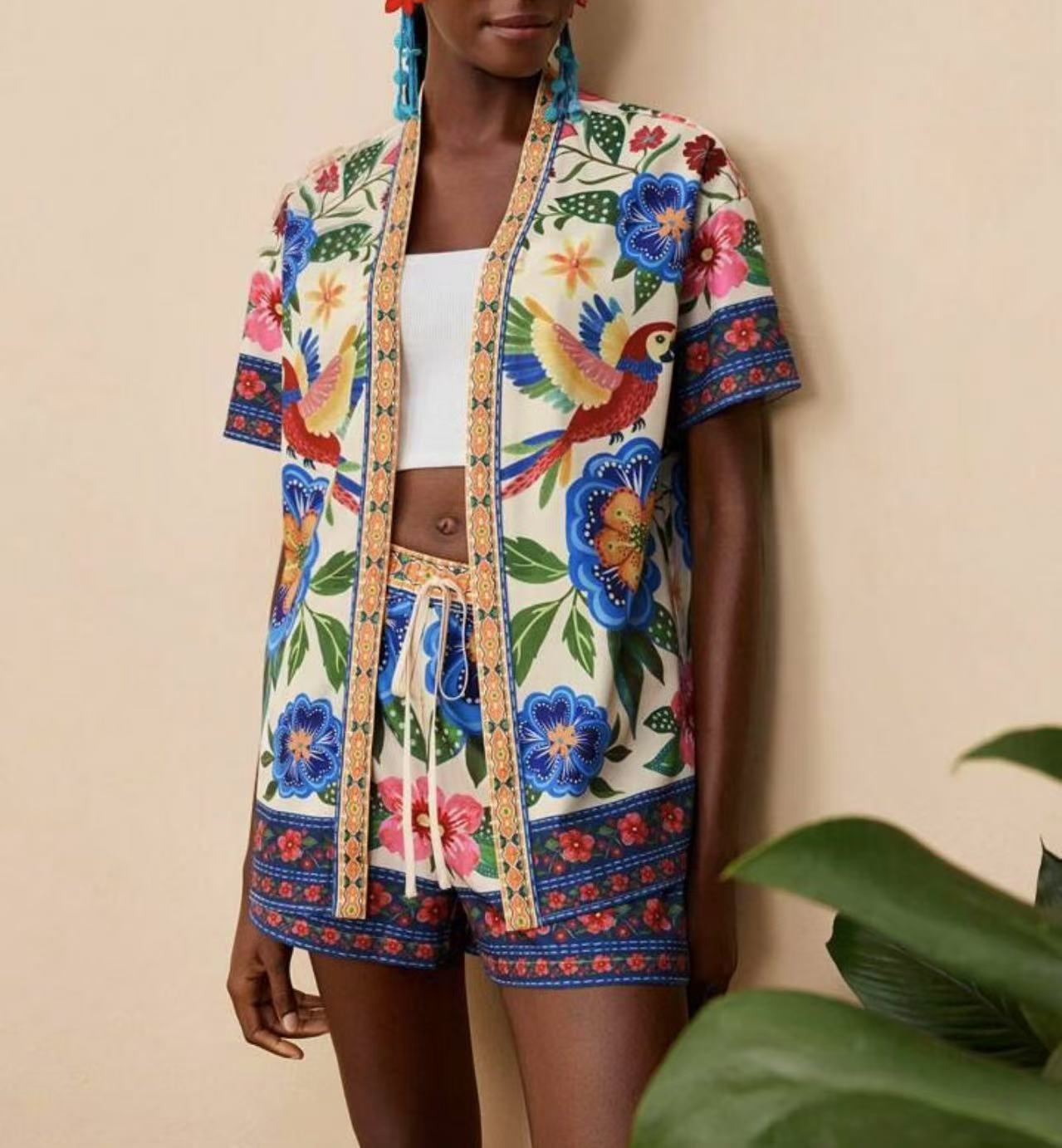 Women's European and American summer fashion casual printed cardigan short sleeved shorts set