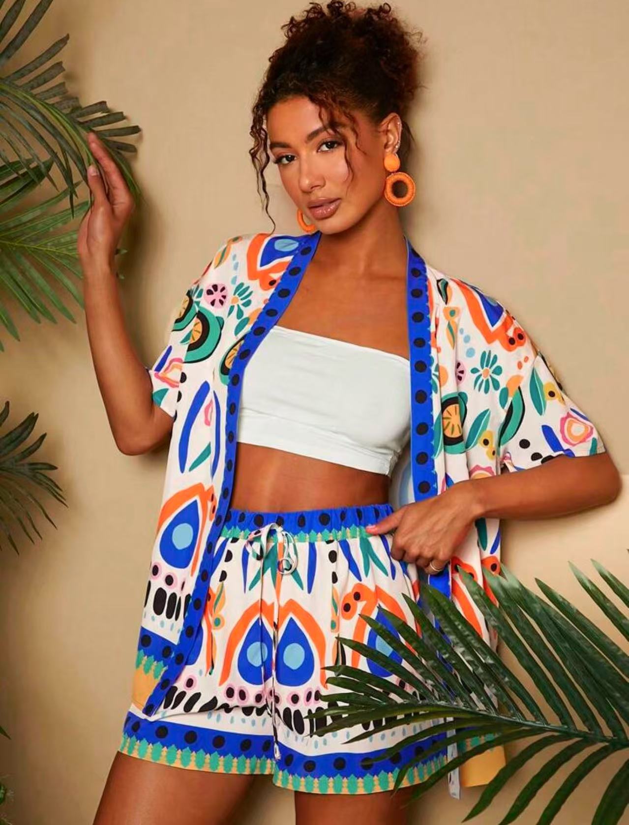 Women's European and American summer fashion casual printed cardigan short sleeved shorts set