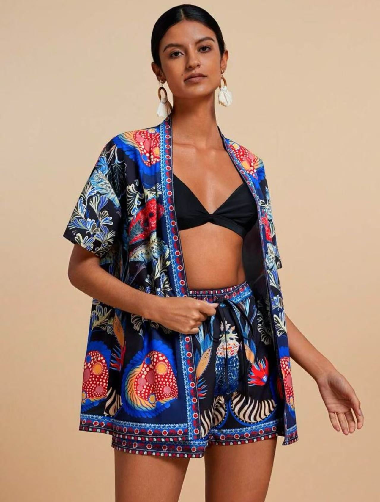 Women's European and American summer fashion casual printed cardigan short sleeved shorts set
