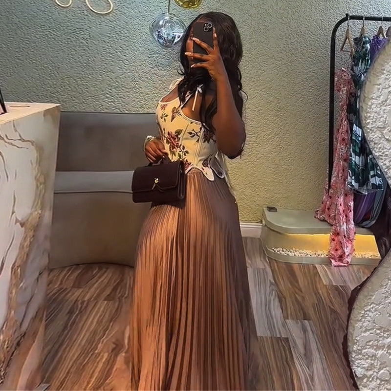 Women's Waist-Cinching Tank Top and High-Waisted Pleated Skirt Two-Piece Set