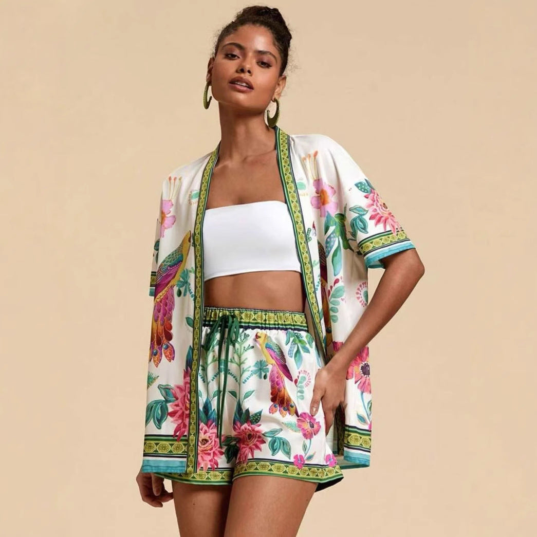 Women's European and American summer fashion casual printed cardigan short sleeved shorts set
