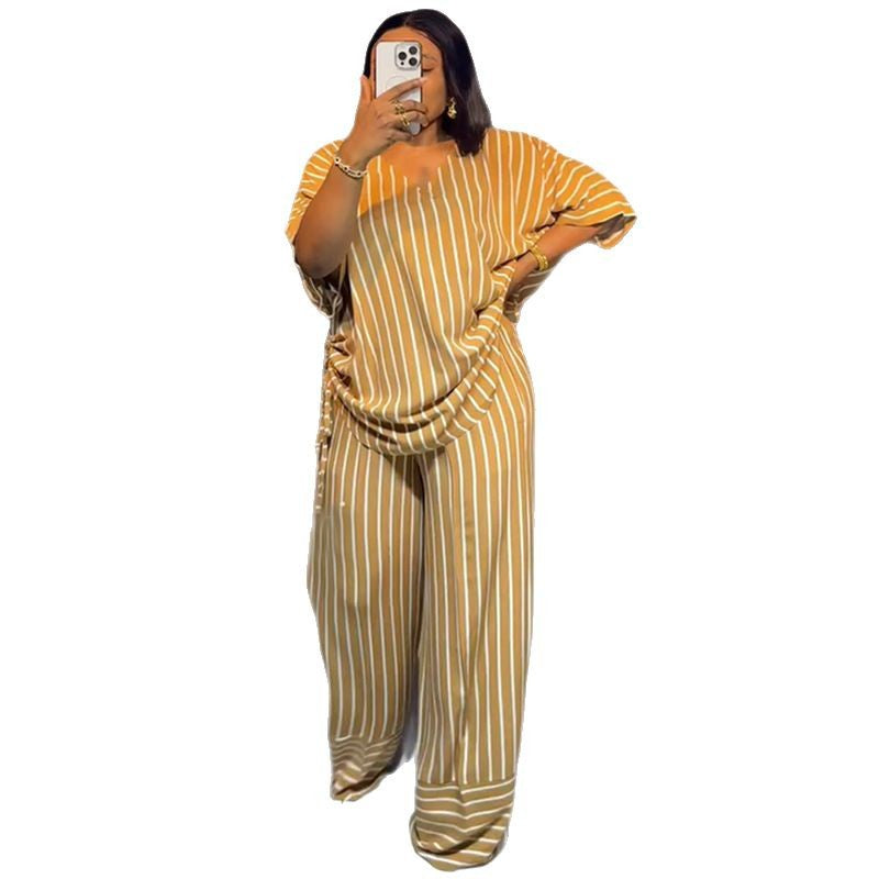 Women's Loose V-neck Striped Short-sleeved Top and Wide-leg Long Pants Set