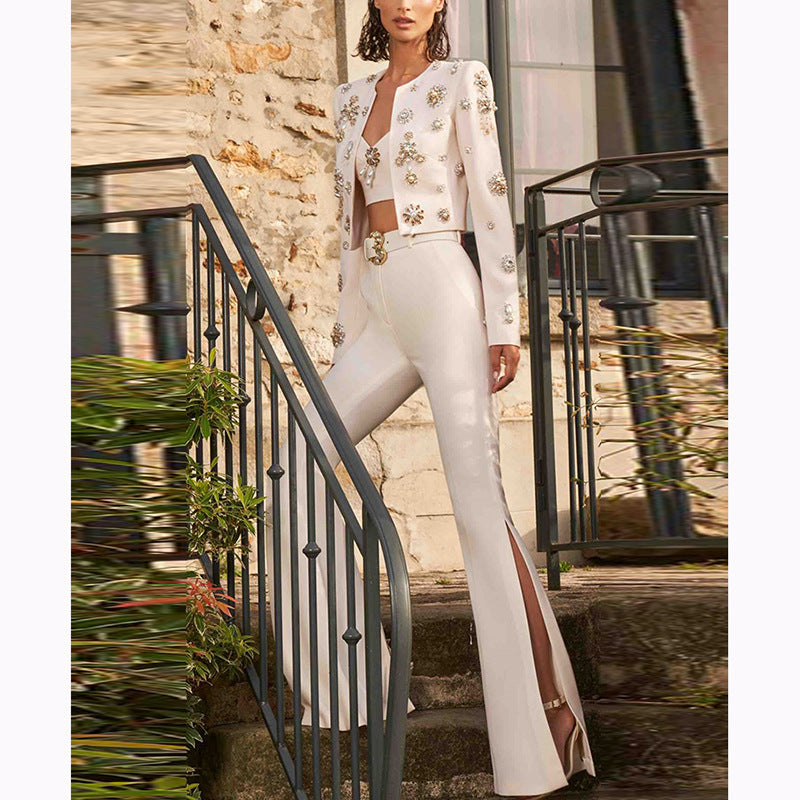 European and American fashion round neck heavy industry nail bead short jacket jacket, split flared pants set