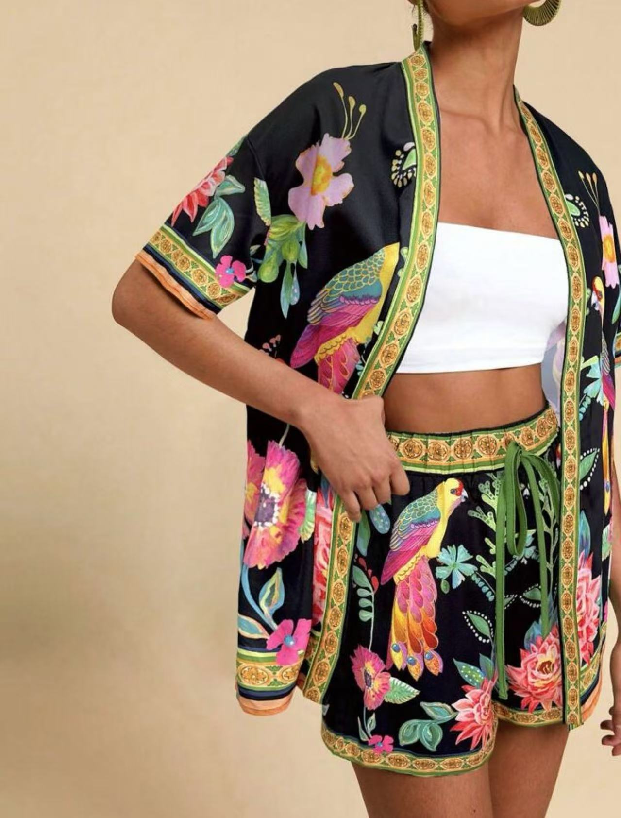 Women's European and American summer fashion casual printed cardigan short sleeved shorts set