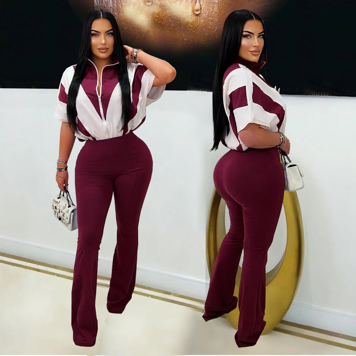 Women's Slim Fit Sporty Short Sleeve and Long Pants Two-Piece Set