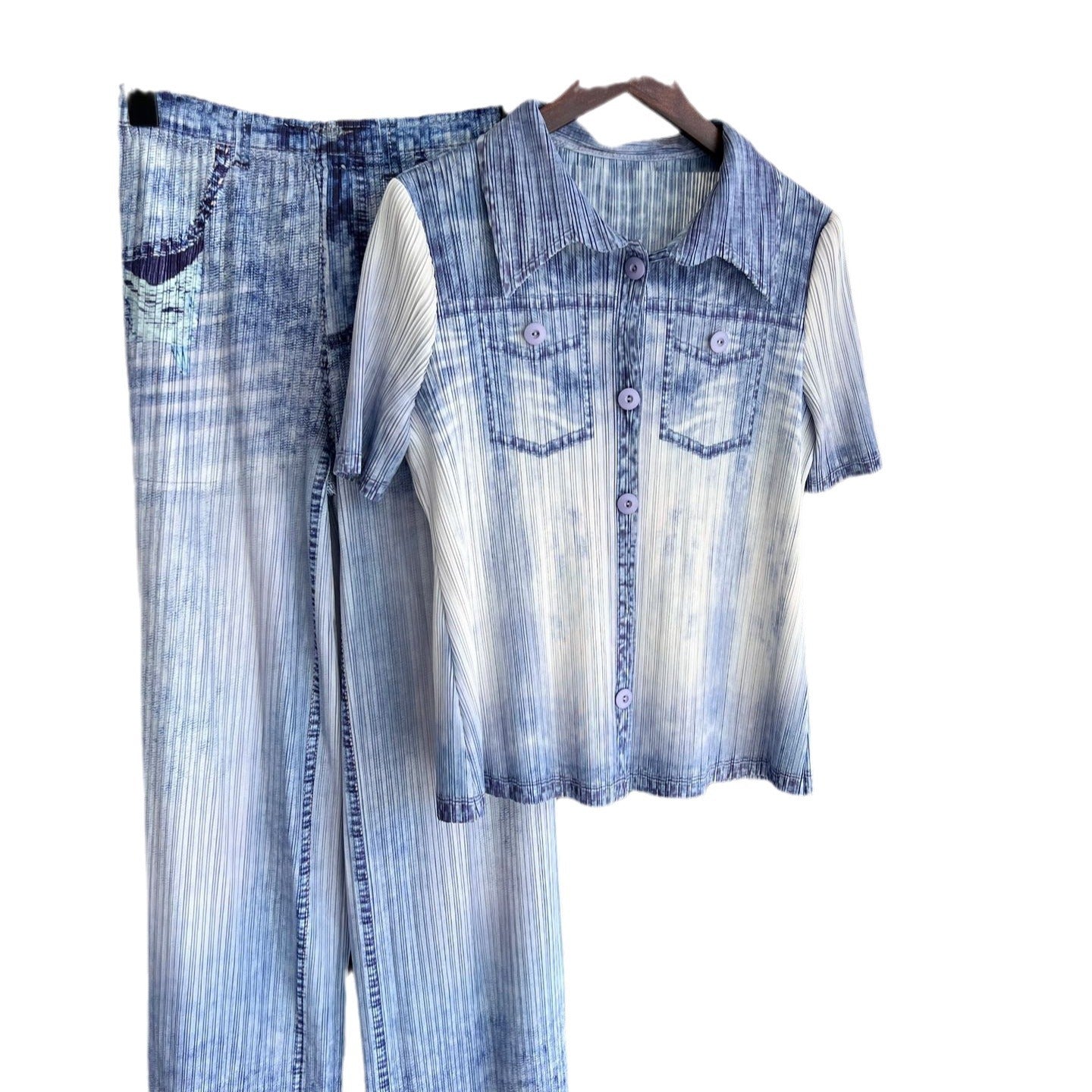 Summer women's fashion temperament slim pleated cardigan comfortable top denim style straight pants two-piece set
