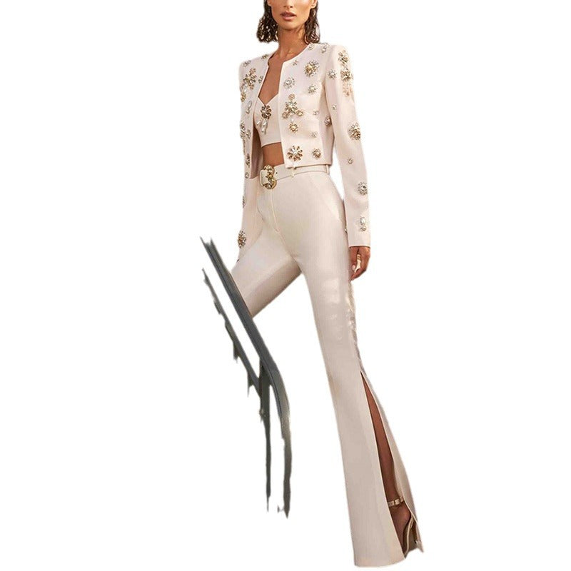 European and American fashion round neck heavy industry nail bead short jacket jacket, split flared pants set
