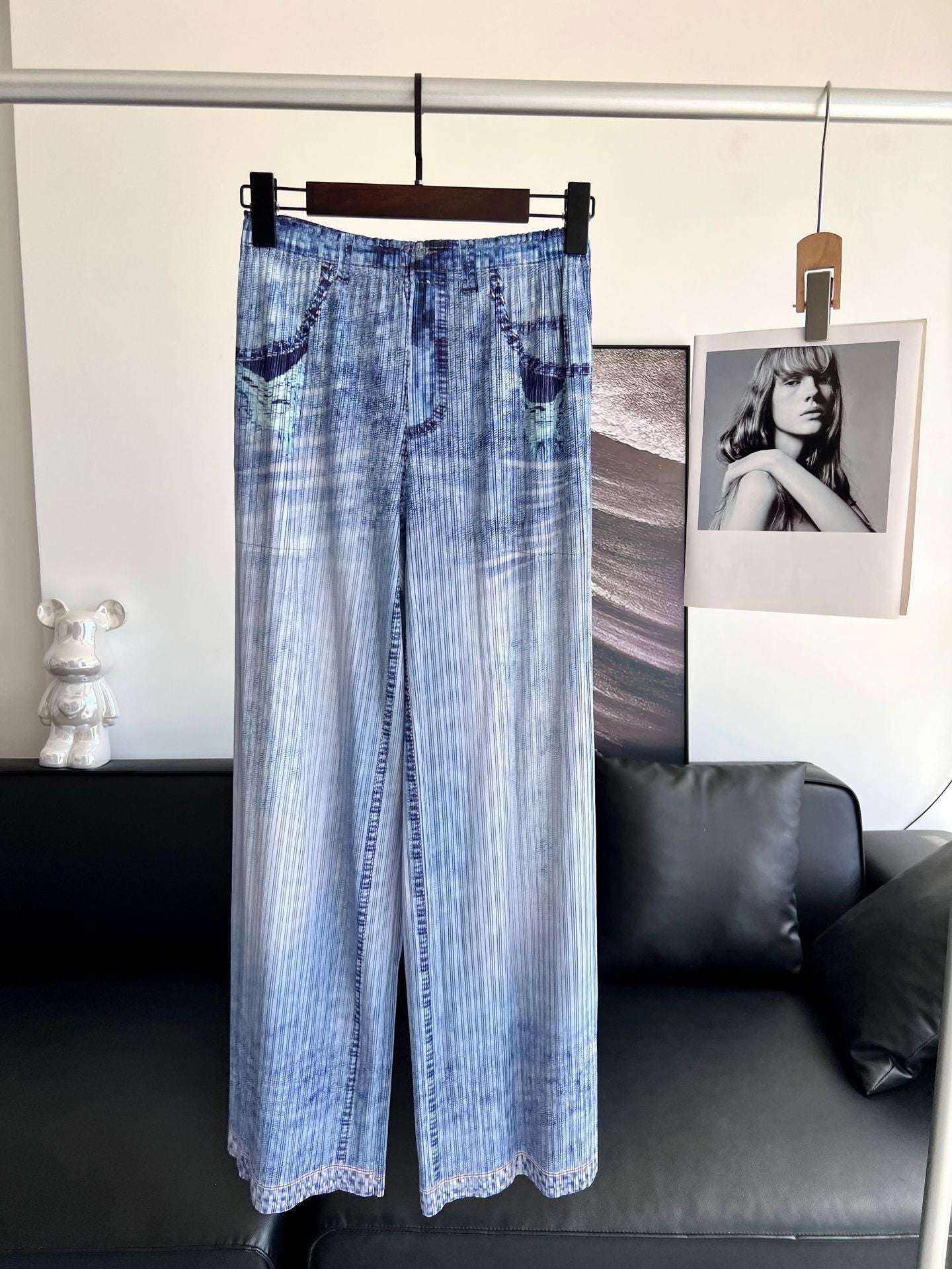 Summer women's fashion temperament slim pleated cardigan comfortable top denim style straight pants two-piece set