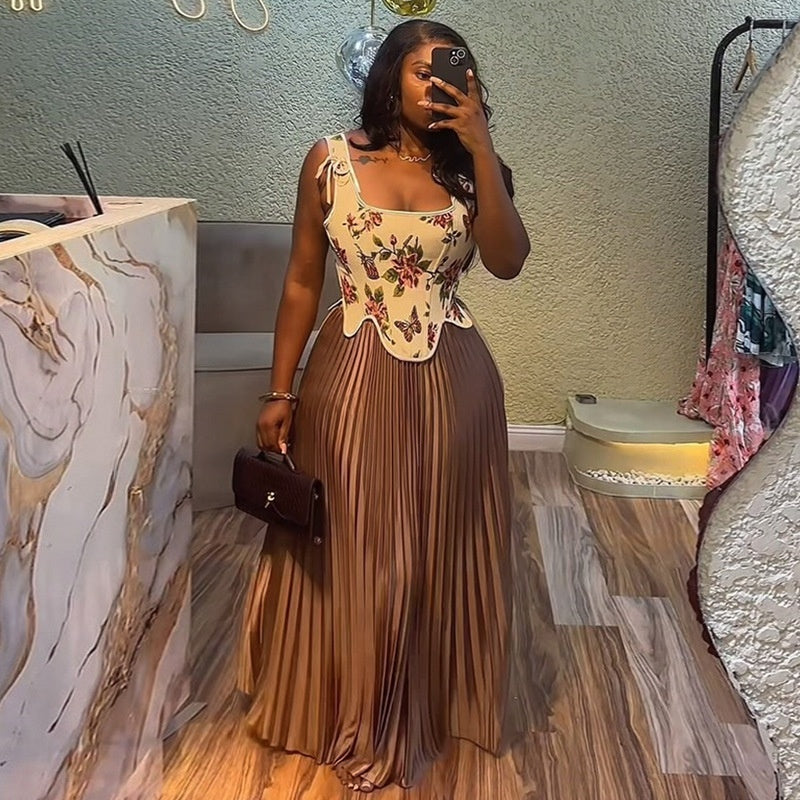 Women's Waist-Cinching Tank Top and High-Waisted Pleated Skirt Two-Piece Set