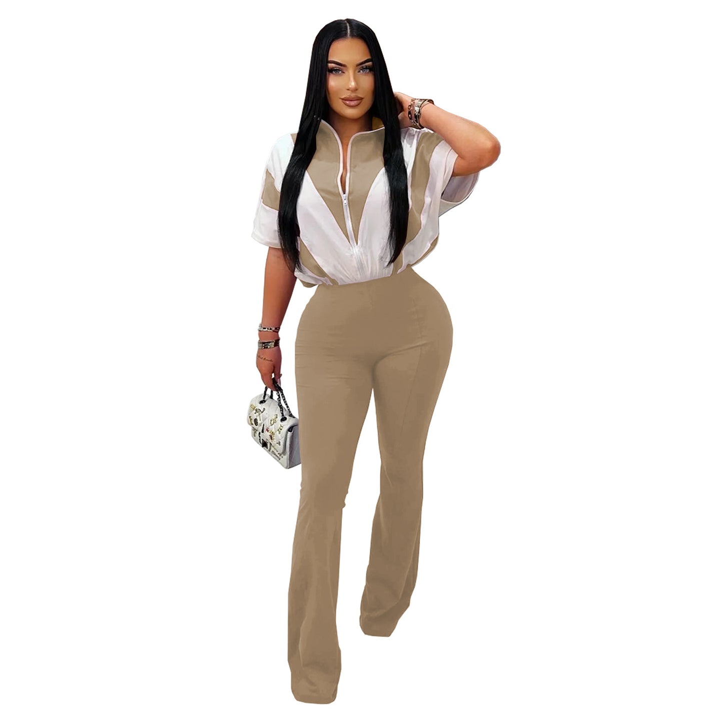 Women's Slim Fit Sporty Short Sleeve and Long Pants Two-Piece Set