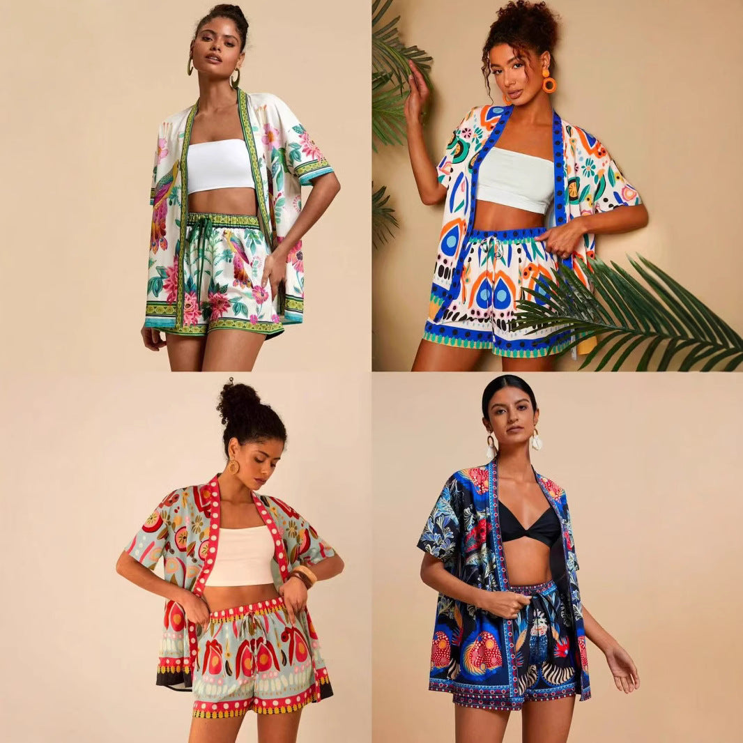 Women's European and American summer fashion casual printed cardigan short sleeved shorts set