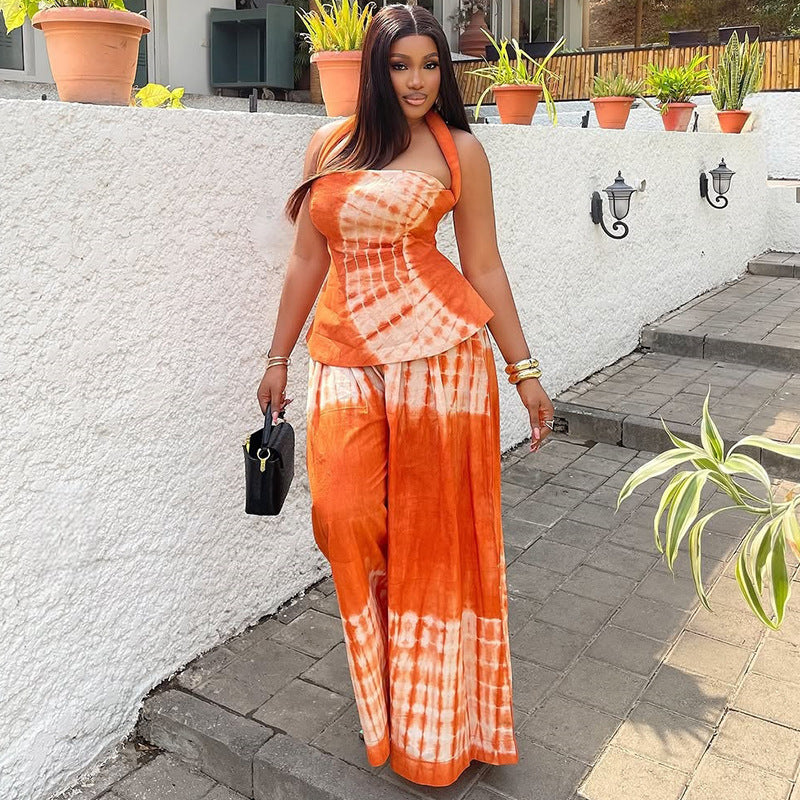 Backless Printed Dress Set Halter Two-Piece Set