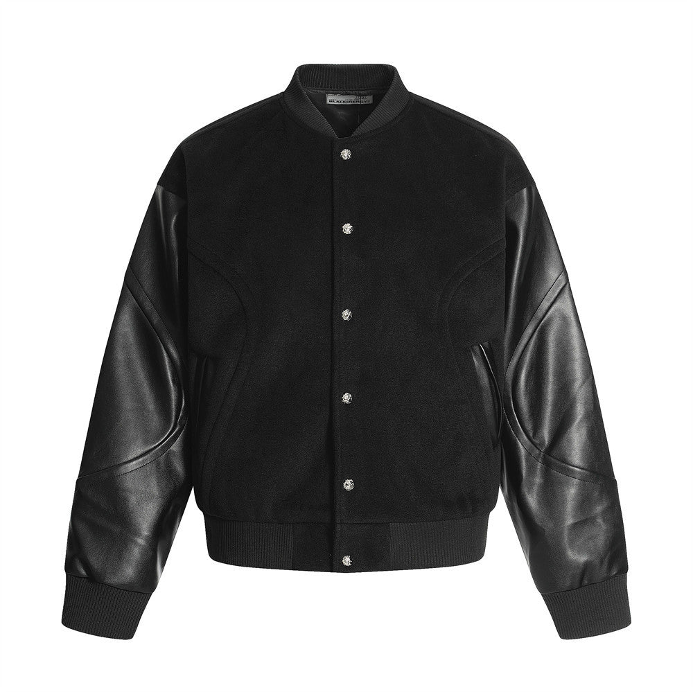 Loose Stand Collar Baseball Jacket Men's European and American Trend PU Leather Sleeve Splicing Regular Short Casual Outerwear Spring Autumn