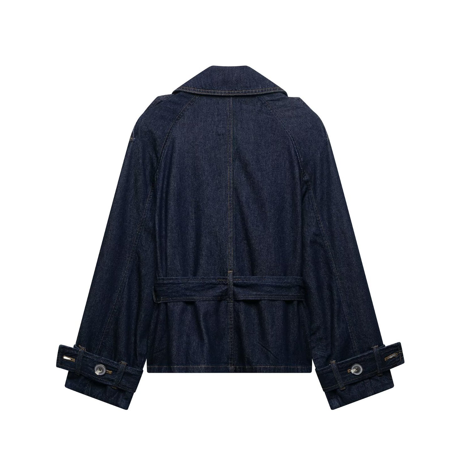 Collar long sleeved drawstring denim trench coat for women