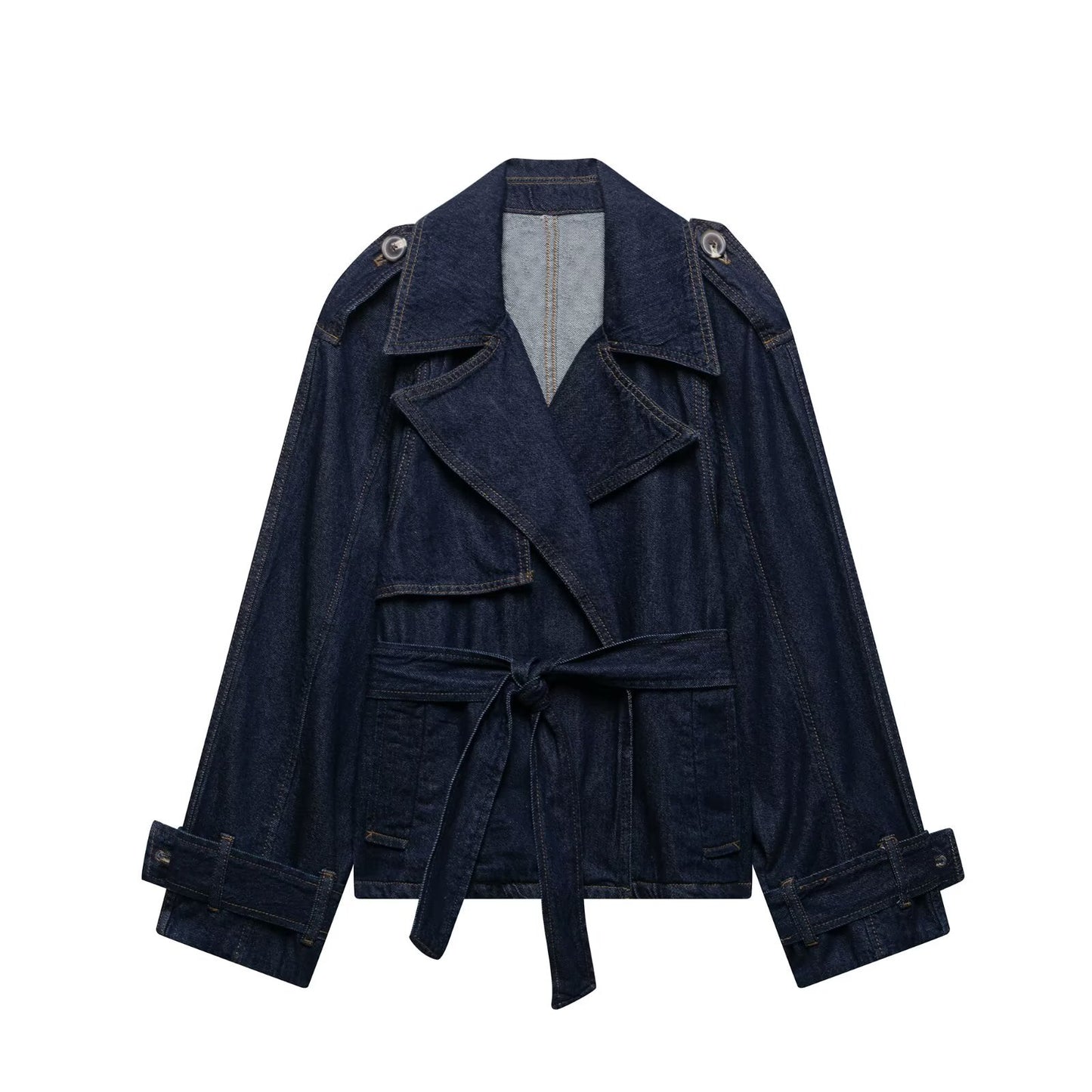 Collar long sleeved drawstring denim trench coat for women